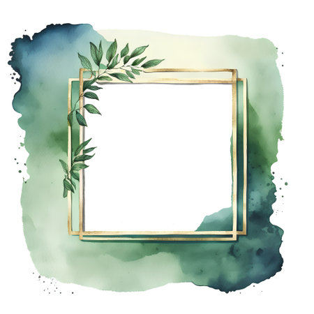Watercolor frame with green leaves on watercolor background. Hand drawn illustrationの素材
