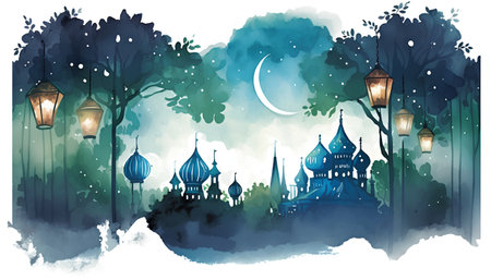Hand drawn watercolor landscape with mosque, lanterns and moon. Vector illustration.の素材
