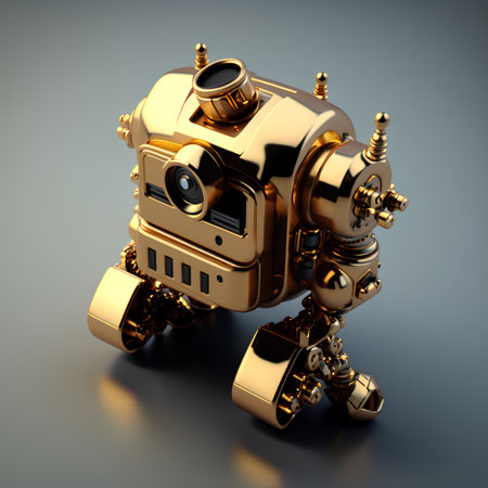 3d render of a golden robot isolated on grey background with reflectionの素材