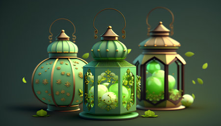 Lanterns with green leaves and fruits. 3d renderingの素材