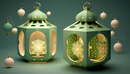 3d illustration of Ramadan Kareem lanterns over green background.の素材