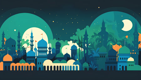 Mosque at night. Vector illustration in flat style. Ramadan Kareem.の素材