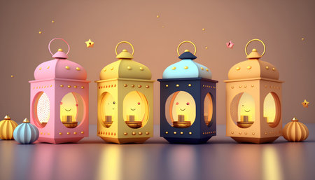 Ramadan Kareem lanterns. 3D illustration. Festive background.の素材