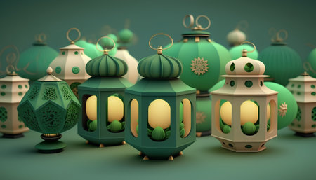 3d illustration of green arabic lanterns over green backgroundの素材