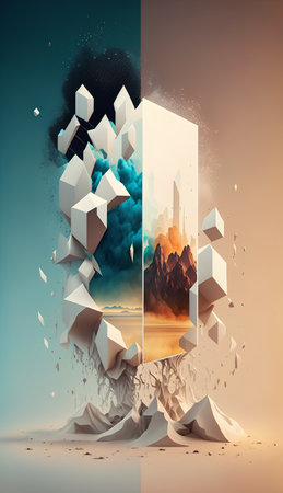 Abstract geometric landscape with cracked wall and blue sky. 3d renderingの素材