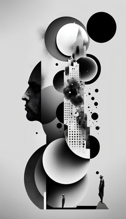Contemporary art collage with black silhouettes of man and cityの素材