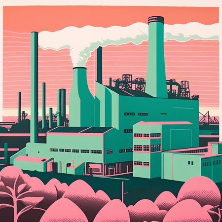 Industrial landscape with power plant in retro style. Vector illustration.の素材