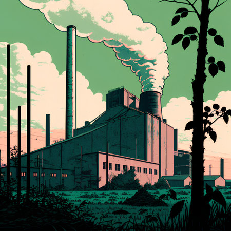 Industrial landscape with smokestack and trees. Vector illustration.の素材