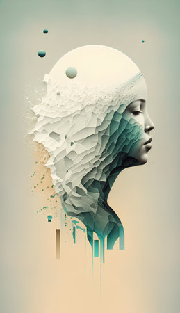 3D rendering of a female head combined with abstract geometric shapes.の素材