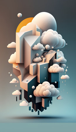 Abstract 3d rendering of geometric shape with clouds and sun. Futuristic background. Vector illustration.の素材