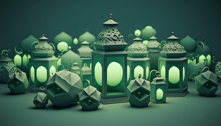 3d illustration of green ramadan lanterns over dark green backgroundの素材