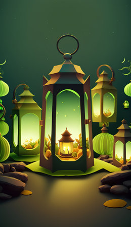 Ramadan Kareem greeting card with lanterns and lanterns on green backgroundの素材