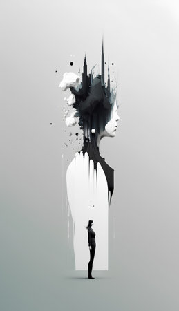 Businesswoman looking at broken building with splashes of paint. Vector illustration.の素材