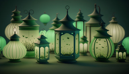 Lanterns in green background. 3d render illustration.の素材