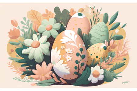Easter greeting card with eggs, flowers and leaves. Vector illustration.の素材