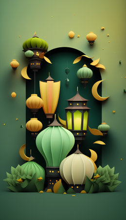 Vector illustration of Ramadan Kareem background with lanterns and crescent moonの素材