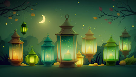 Illustration of Ramadan Kareem Greeting Card with Lanterns and Moonの素材