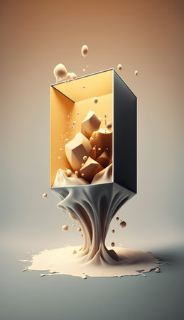 3d illustration of cube with splashes of milk and ice cubesの素材