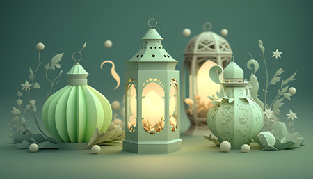 3d illustration of Ramadan Kareem background with lanterns and lanternsの素材
