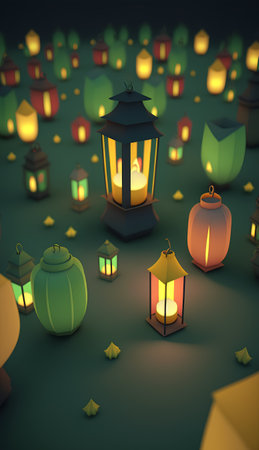 Lanterns and lanterns on dark background. 3d illustrationの素材