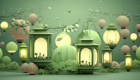 lanterns in green fantasy land with tree and lanterns illustrationの素材