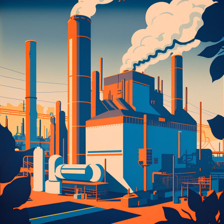 Industrial plant with smoking chimneys. Vector illustration in retro styleの素材