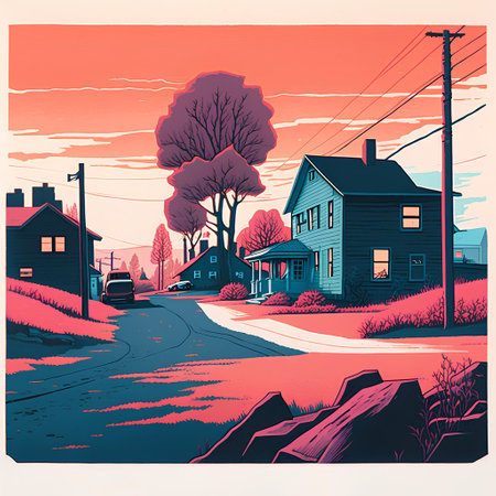 Houses on a country road. Vector illustration in retro style.の素材
