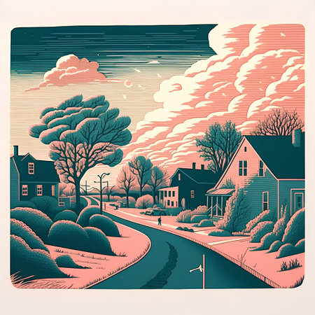 Vintage countryside landscape with houses and road. Vector illustration in retro style.の素材