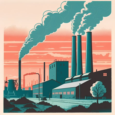 Industrial landscape with smoking chimneys. Vector illustration in retro style.の素材