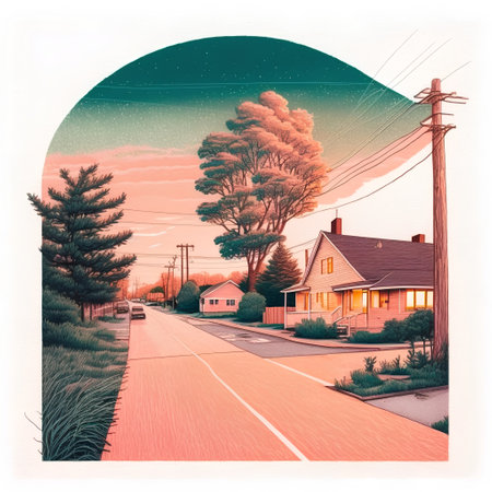 Pine trees in front of a house in the middle of the roadの素材