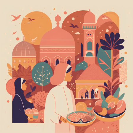 Vector illustration of Muslim woman in hijab holding tray with food, fruits and vegetables in front of mosque.の素材