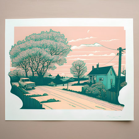 Vintage rural landscape with road, houses, trees and street.の素材