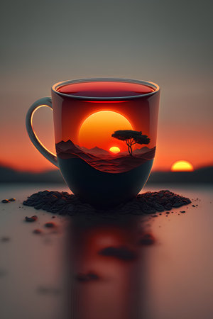 A cup of hot tea with a beautiful sunset background. 3d renderingの素材