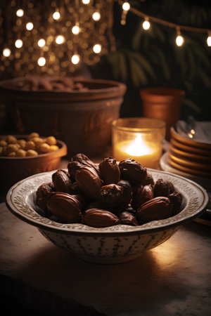 A bowl of hazelnuts on a wooden table in a dark roomの素材
