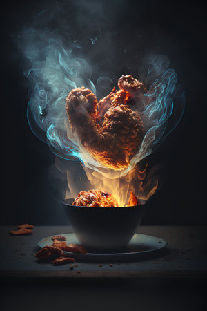 Crispy croissants in a bowl with smoke on dark backgroundの素材