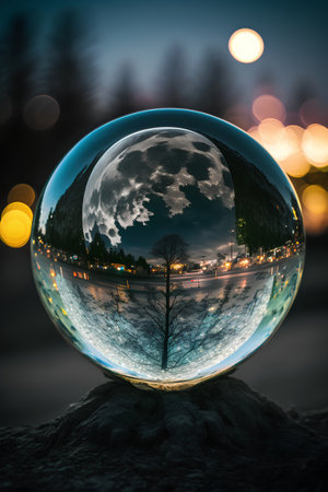 A crystal ball with a tree in the center and a city in the background.の素材