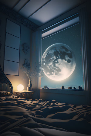 3d rendering of a bedroom with a big window and a moonの素材
