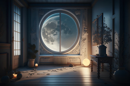 3D rendering of a fantasy bedroom with a large window and a full moonの素材
