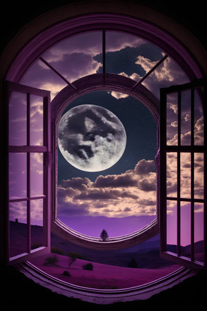 Beautiful night landscape with a full moon in a window, clouds and a meadowの素材