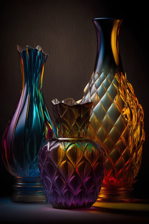 Colorful glass vases on a dark background. 3d renderingの素材