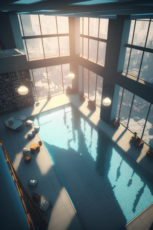 Luxury living room interior with a large window overlooking the city. 3D Renderingの素材