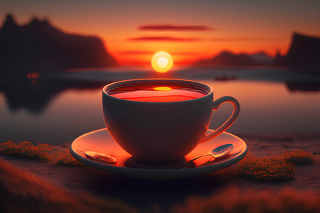 Cup of tea on the beach at sunset. 3d renderingの素材