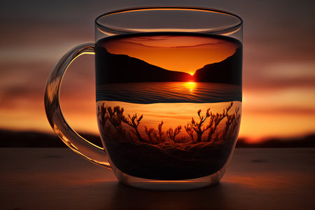 Mug of hot drink with sunrise in the mountains. 3D renderingの素材