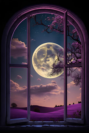 Lavender flowers and full moon in the window of the houseの素材