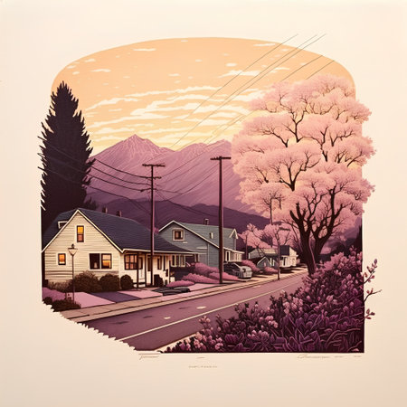 Sketch of a country house with cherry blossoms in the foregroundの素材