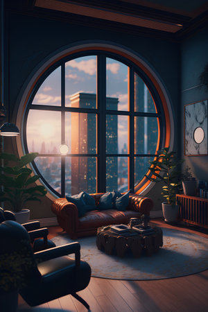 Interior of the living room with a large window overlooking the city. 3D rendering.の素材