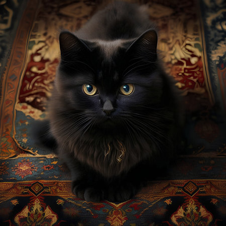 Beautiful black cat with yellow eyes sitting on the carpet at homeの素材