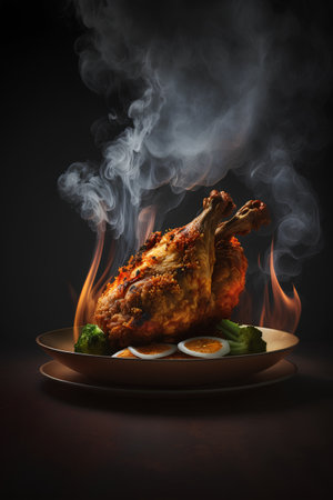 Roast chicken on a plate with vegetables and spices on a dark backgroundの素材