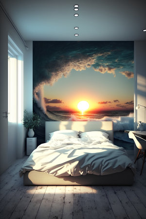Sunset in the bedroom. 3d rendering. Computer digital drawing.の素材