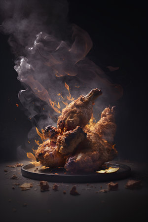 Fried chicken legs on a black plate with smoke on a dark backgroundの素材